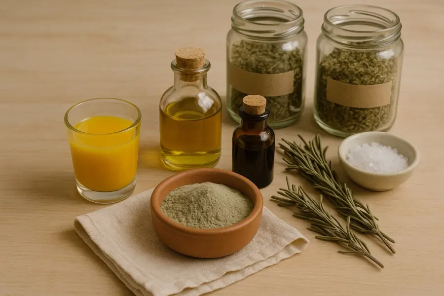 Shot matinal de cúrcuma, gengibre e limão ao lado da argila verde
