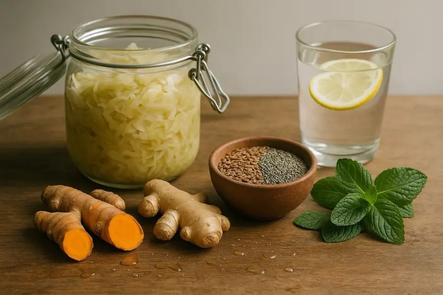 Chucrute em fermentação, cúrcuma, gengibre e limão sobre a madeira